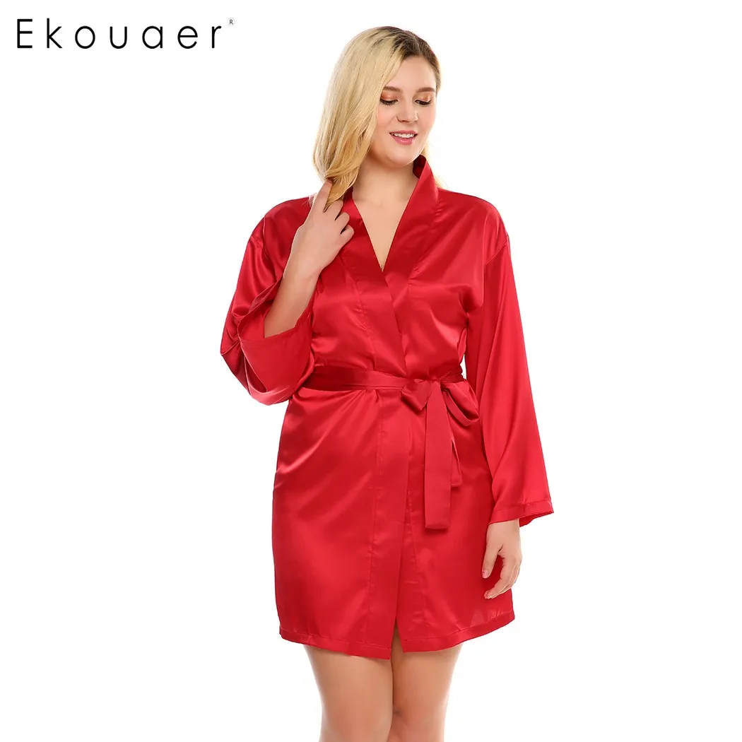Ekouaer Plus Size Robe Women's Satin Kimono Robe Long Sleeve Belted