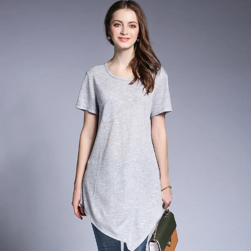 TOTNWAMG Long T Shirt Women 2017 Summer Casual Gray Irregular Hem Tops