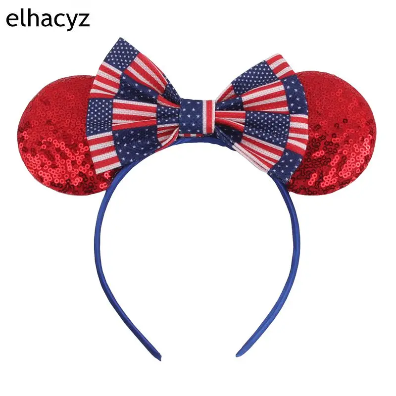 

1PC New 5'' Linen Flag Pattern Bow Hairband Independence Day 3.3'' Glitter Sequin Mickey Ears Headband For Kids Hair Accessories