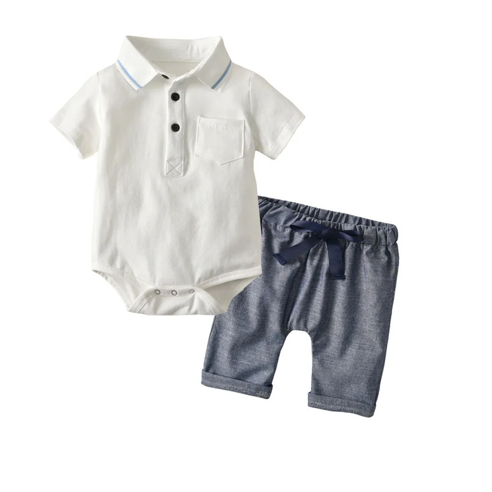 Baby Ankle-Length Pants Toddler Boys Short Sleeve Bodysuits Sets White Shirt Tops And Denim Pants