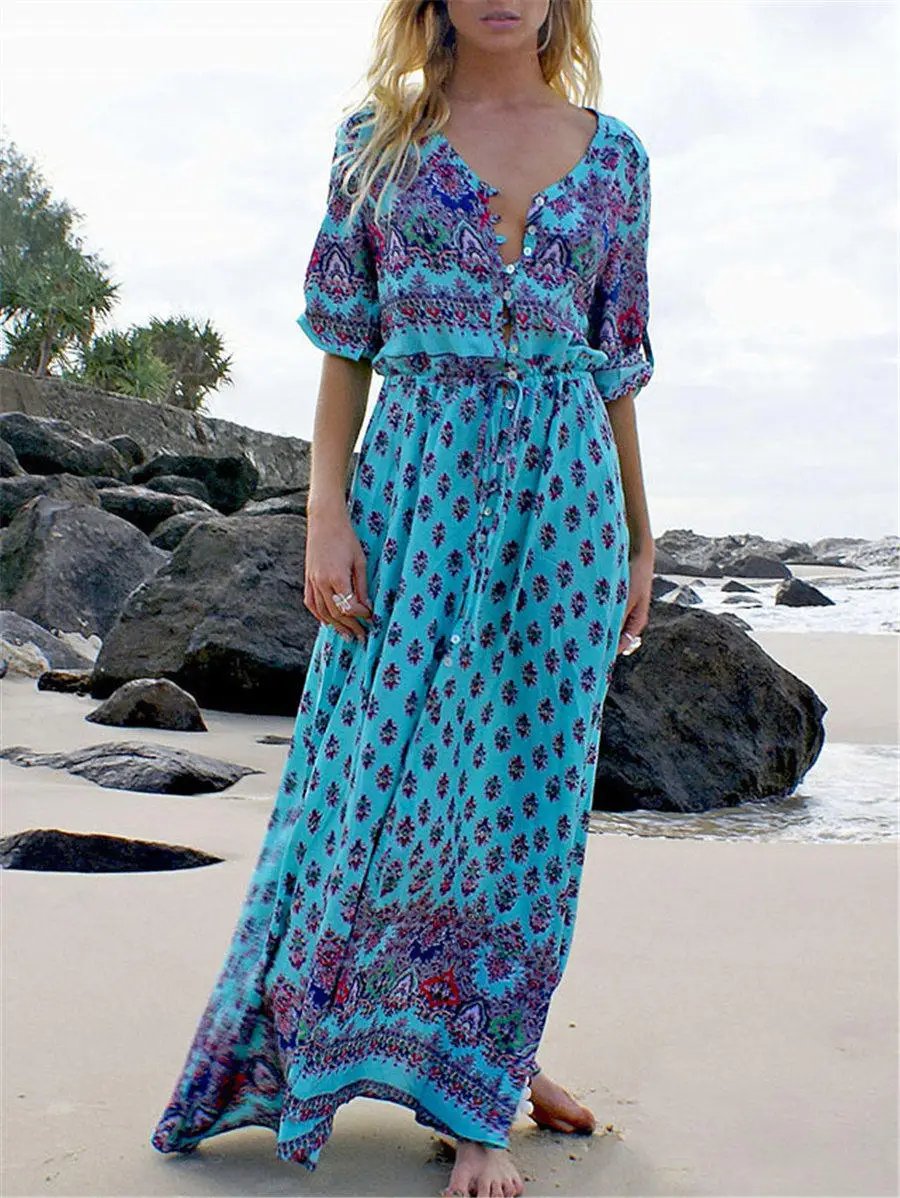 Gladiolus Boho Long Summer Dress Women Half Sleeve V Neck Button Print Floral Women Beach Dress 2019 Ladies Sexy Maxi Dresses (32)