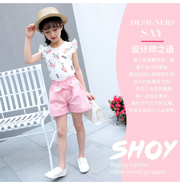 Летние комплекты для девочек, новинка года, комплект из футболки с короткими рукавами и шорт, одежда с короткими рукавами для детей 3-12 лет - Цвет: Розовый