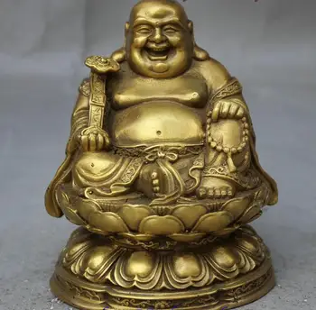 

Chinese Brass Hold RuYi Bead Happy Laughing Maitreya Buddha Lotus Base Statue