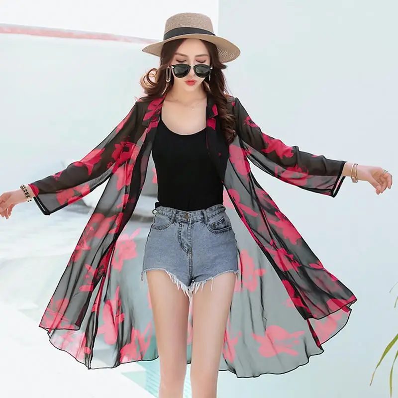 

Summer Cardigan Blouse Women Chiffon Casual Print Plus Size Blouse Top Female Elegant Streetwear Long Beach Blouse Women Q1442