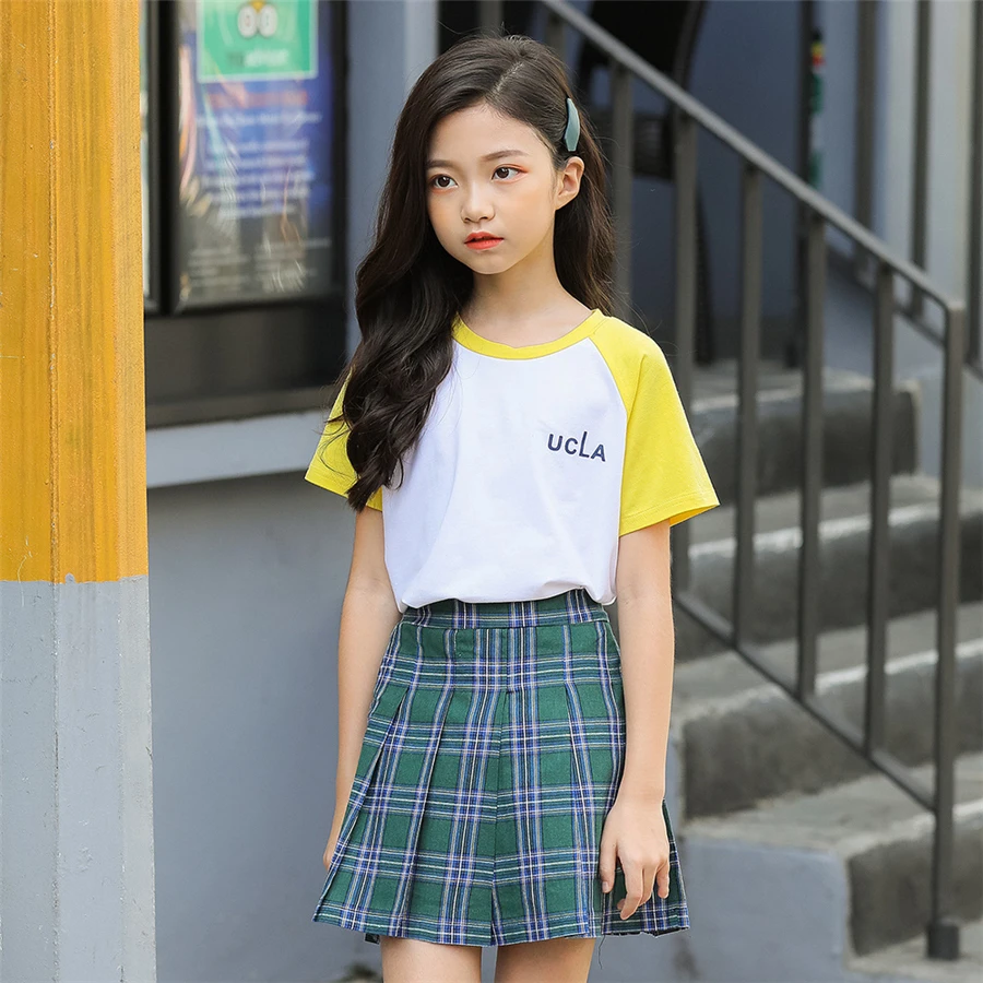 para niños faldas de verano para niñas amarillo por encima de la rodilla mini alta falda escocesa conjunto para Niñas Ropa de verano 6 16 años|Faldas| - AliExpress