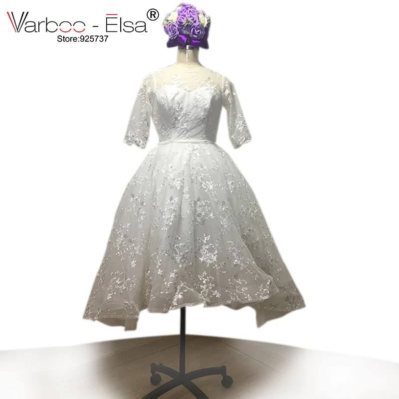 

VARBOO_ELSA Short Wedding Gown White Lace Beach Wedding Dress O neck Half Sleeve Appliques Bridal Dresses 2018 Vestido De Novia