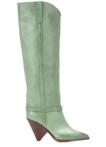 Прямая весенние женские светильник зеленый острый носок на высоком каблуке-шпильке до колена высокие кожаные ботинки с высоким голенищем с v-образным вырезом открытые Форма женские ботинки