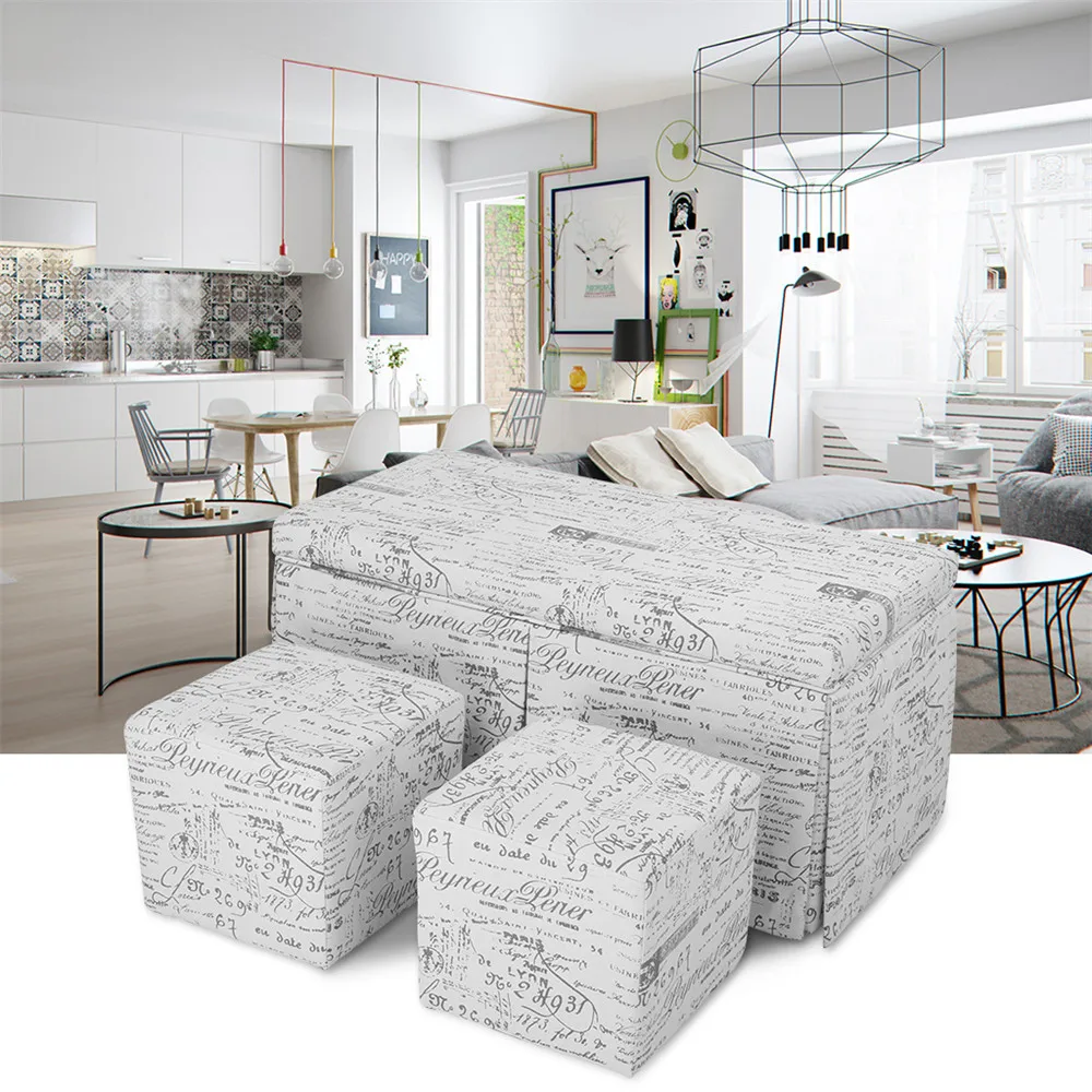  LANGRIA 3-Piece French Script Patterned Fabric Storage Bench and Cube Ottoman Set Footrest Stool Seat, Beige16