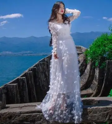

2019 New Summer Fairy 3D Embroidery Floral Lace Dress Women Bohemian Long Sleeve Beach Chiffon Dress