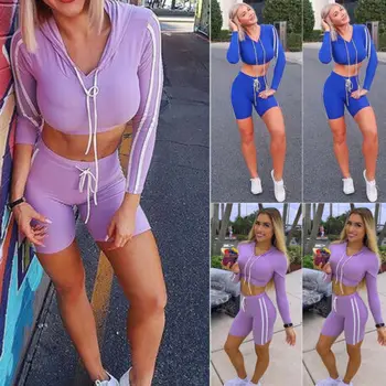 

2PCS/Set Women Outdoor Active Suit hooded Tops Shorts Outfit skinny Pop Clothes Tracksuit