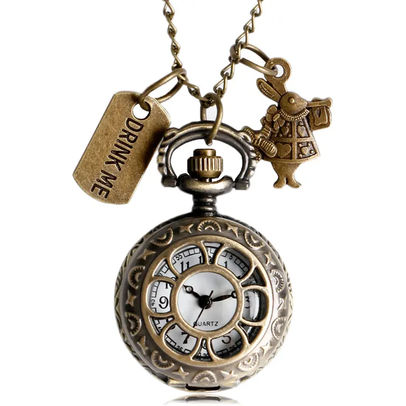 

Vintage Bronze Alice in Wonderland Drink Me Pocket Watch Necklace Cosplay Anime Watch for Fans