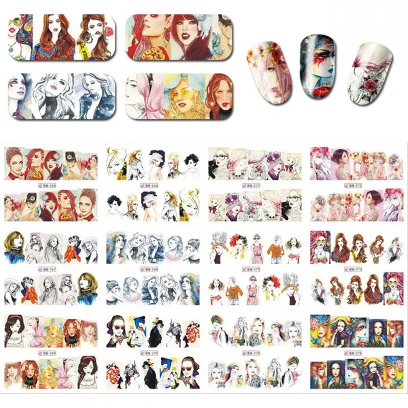 

1 Big Sheet Water Decals Slider For Nails Beautiful Girl Image Watermark Nail Sticker Decoration Wrap Nail Art Manicure BN265-27