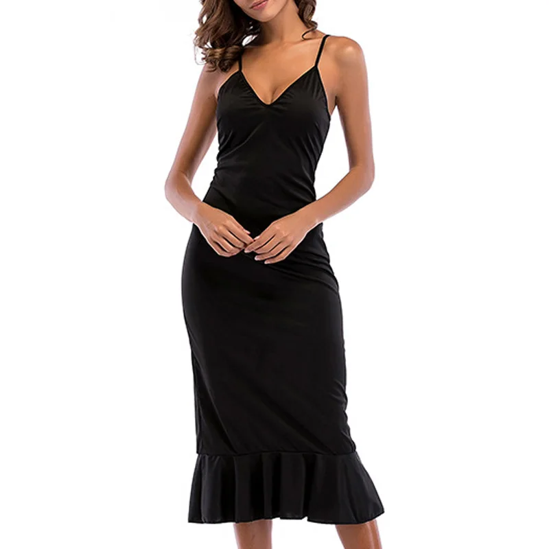 2018 New Arrivals Black Mid Calf Length Elegant Skinny Sheath Spaghetti