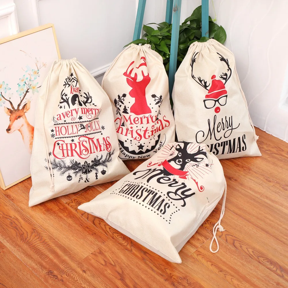 

1pcs Christmas Santa Sacks Gift Bags for Kids Canvas Burlap Blank Bag Drawstring Large Size Xmas Christmas Party Decorations