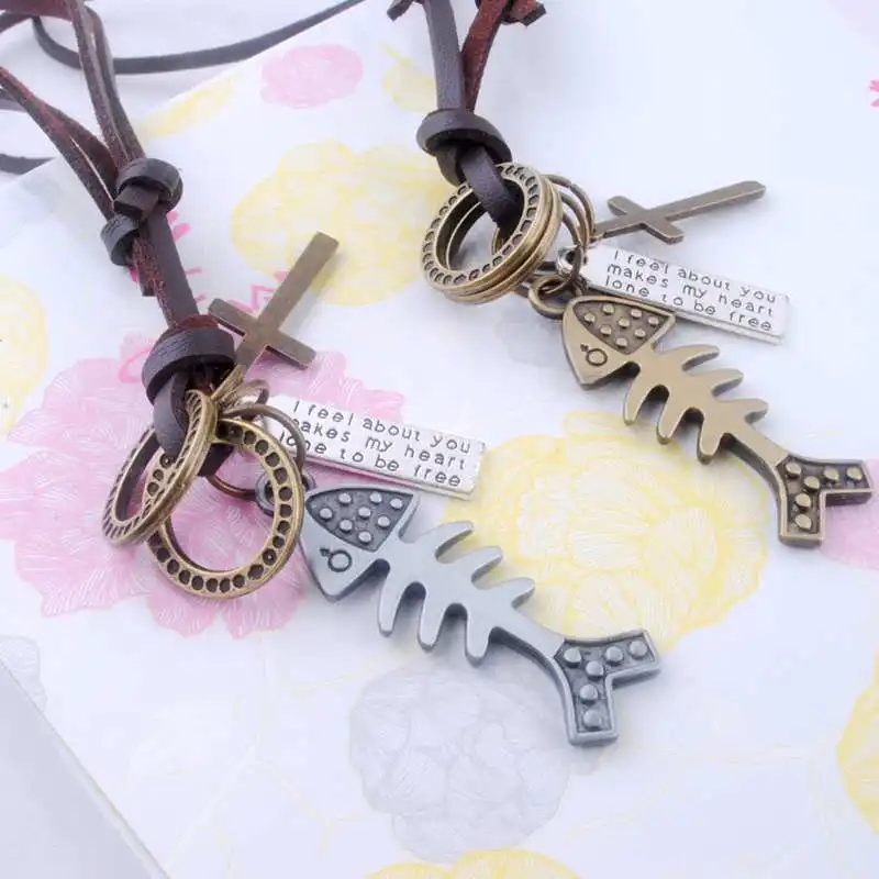 Men Vintage Fashion Necklace Pendant Adjustable Leather Rope Chain Men Vintage Fashion Necklace Pendant Adjustable Leather Rope Chain