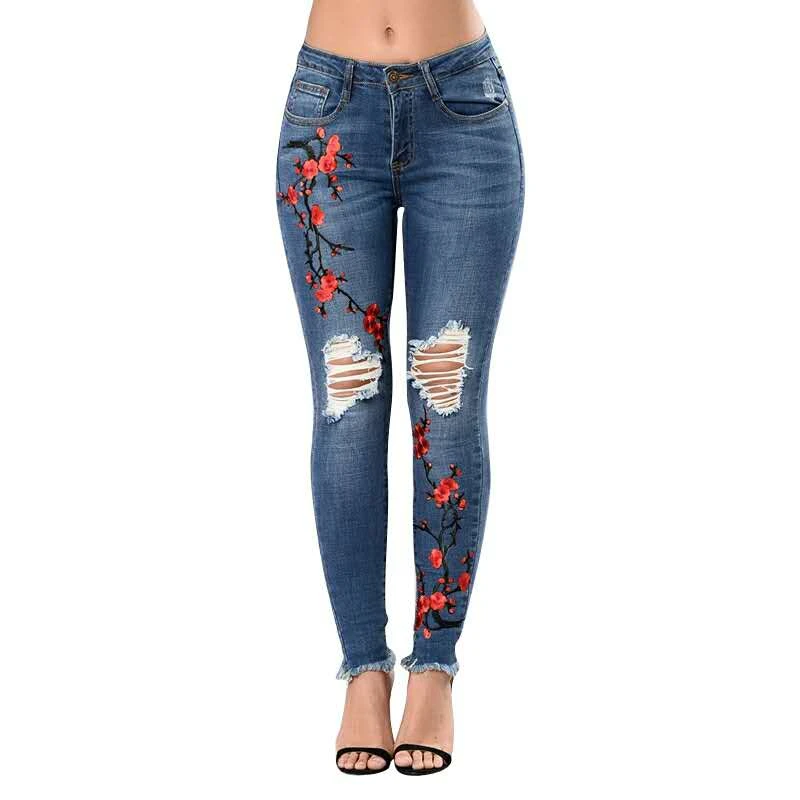 Pantalones Mujer 2018 Jeans bordados estiramiento para las mujeres elástico flor Jeans Mujer agujero Pantalones casual cintura alta Jeans|embroidered jeans|high jeansjeans for women - AliExpress