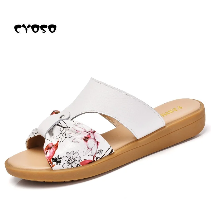 

CYOSO 2018 New Summer Beach Slippers Casual Genuine leather Slides Women Printing Slip on Flip Flop Shoe Plus Size
