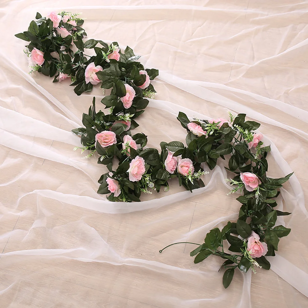 Искусственный вьющийся стебель розы с цветами поддельные гирлянды цветы с зелеными растениями Висячие декоративные свадебные украшения для вечеринки стены - Цвет: Светло-розовый