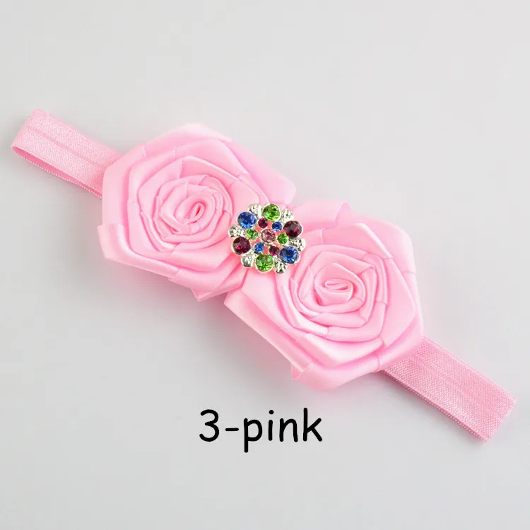 

30pcs/lot Doubble Satin Rose Flower With Diamond Baby Headband