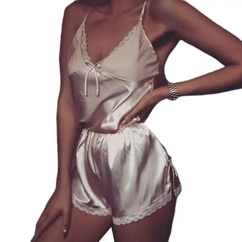 

Women Imitation Silk Pajamas Set Sexy V-Neck Bowknot Camisole Side Split Lace Trim Shorts Sleepwear Sling Loungewear