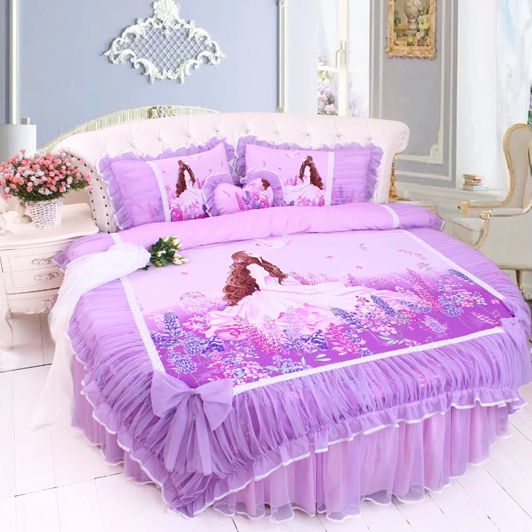 Top LACE ROUND Corner Bed Europe Orange color Flower Bedding sets Cotton Round Double Bed sheet Duvet cover Pillow case Bedskirt 24