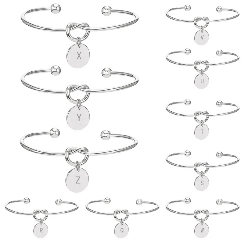 

Trendy Tie Knotted Open Cuff Bangle Rose Gold Sliver Coin 26 Letters Initial Charm Bracelets Wire Heart Bangles For Women