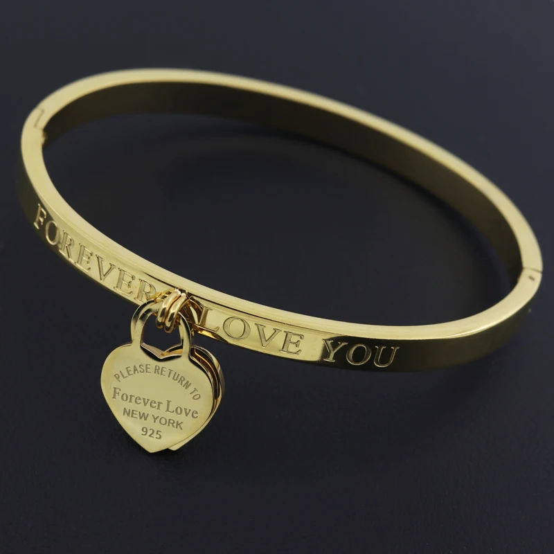Classic Stainless Steel Gold Colour Bracelets & Bangles Jewelry Fine Double Peach Heart Love Bracelets Female bangle bracelet stainless steel bracelet