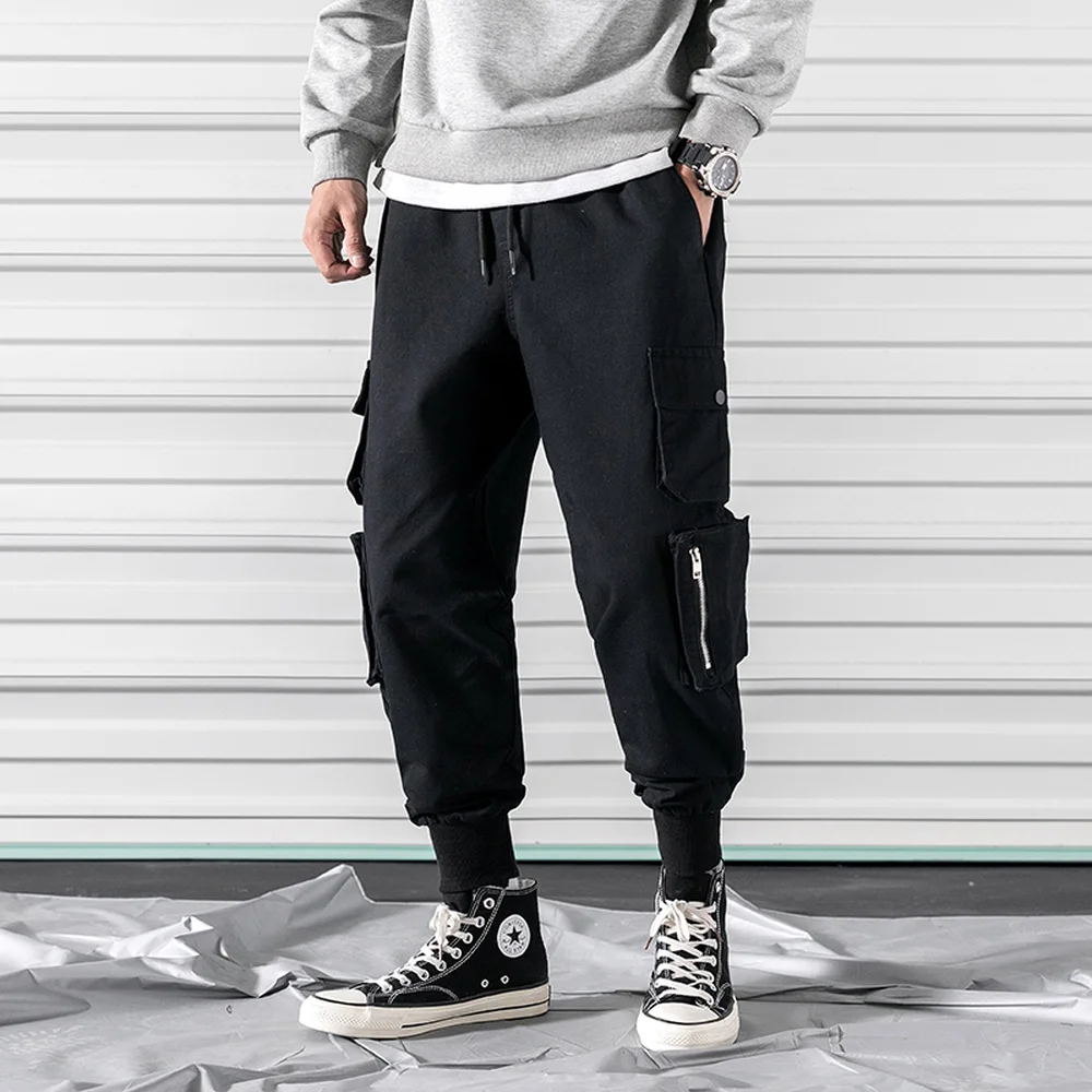 Solid Color Mens Pants Elastic Waist Multi-Pockets Harlan Hiphop Male Streetwear Cargo Trousers Comfortable Breathable