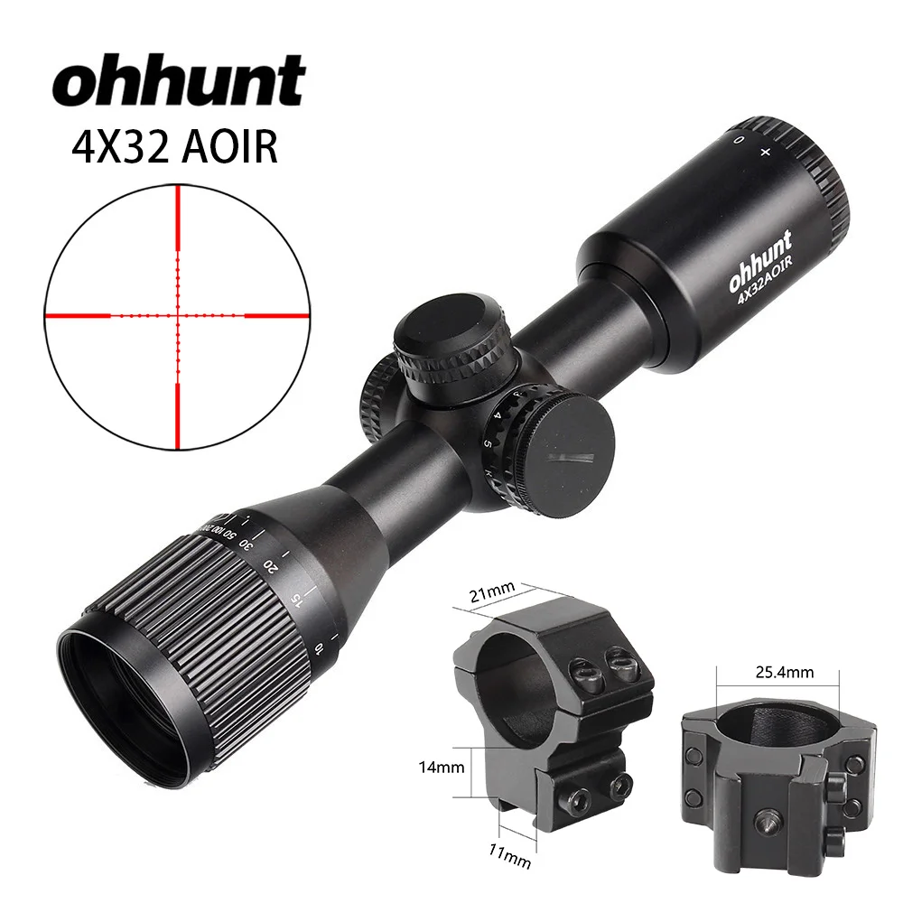 Ohhunt 4X32 AOIR компактный прицел для винтовки Mil Dot красная и зеленая подсветка охотничья оптика оптические прицелы заполняющий азот область с кольцами - Цвет: with Dovetail Rings