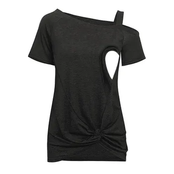 

Ladies Pregnant Women Breastfeeding Solid Short Sleeve Blouse Tops Summer Shirt(Black)