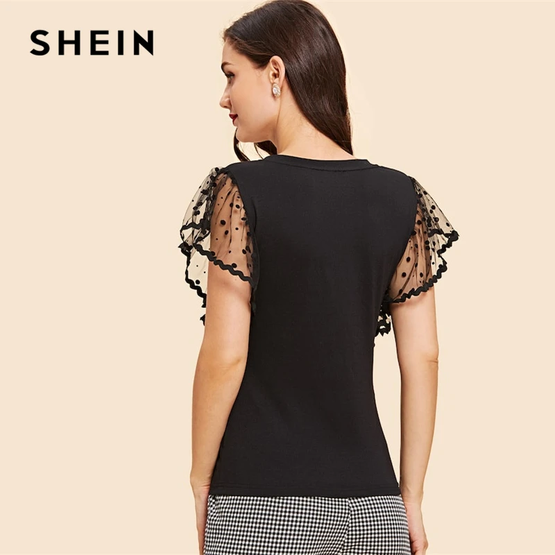 SHEIN خمر الأسود نقطة التباين شبكة كم V الرقبة عادي المحملة تي شيرت المرأة الصيف أنيقة الصلبة قصيرة الأكمام التي شيرت قمم SHEIN خمر الأسود نقطة التباين شبكة كم V الرقبة عادي المحملة تي شيرت المرأة الصيف أنيقة الصلبة قصيرة الأكمام التي شيرت قمم