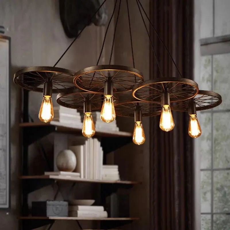 

Rustic Wheel Chandelier for Coffee Shop Bar Restaurant lustre retro Retro Art Loft Decor rustic chandelier hanging lamp fixtures