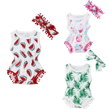 

Cute Newborn Baby Girl Sleeveless Watermelon Tassel Ball Bodysuit Jumpsuit Headband 2PCS Summer Clothes