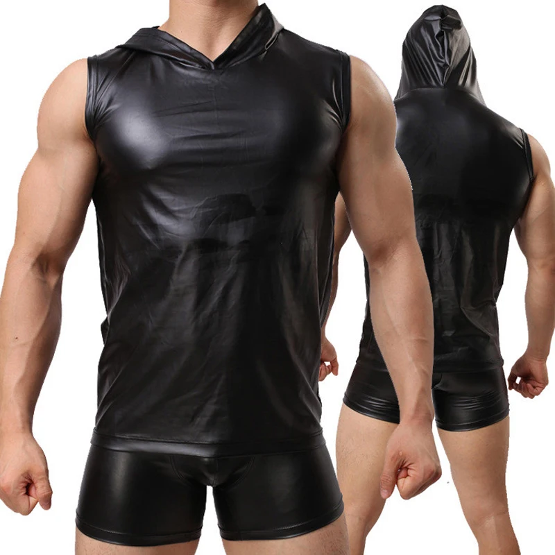 Buy Fashion Men Black Faux Leather Bodysuit Sleeveless