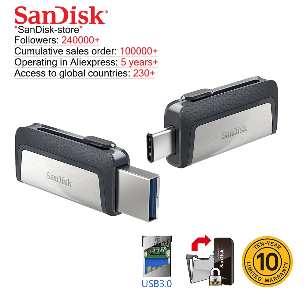

Sandisk Pendrive 32GB U Disk DUAL DRIVE USB Flash Drive 128GB Memory Stick Type-C OTG USB 3.1 64GB High Quality Usb Stick 256GB