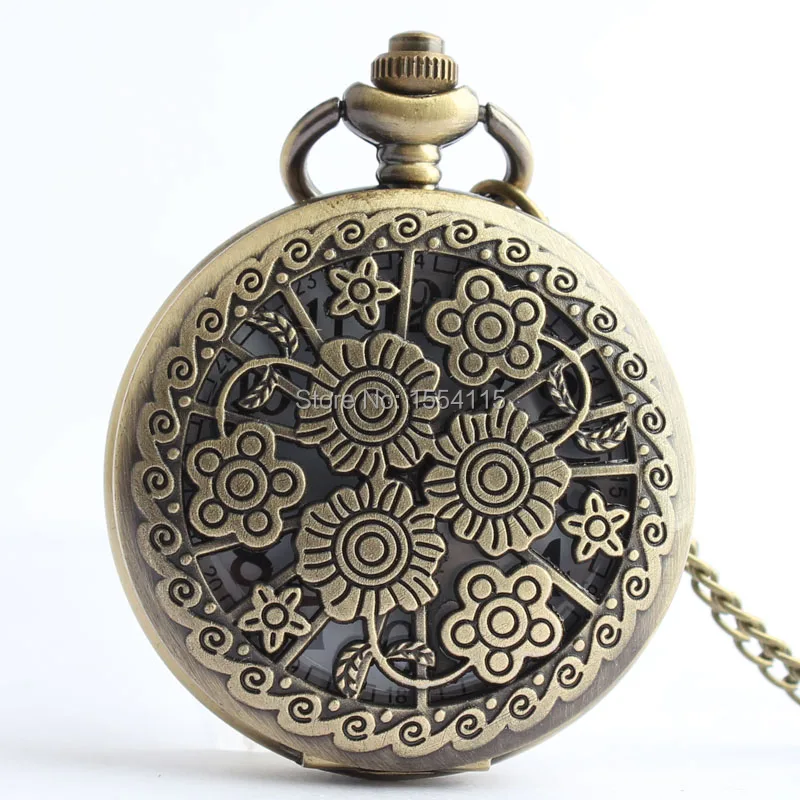 50pcs/lot Hot Sale Bronze Hollowed Flower Pocket Watch Top Quality Flip
