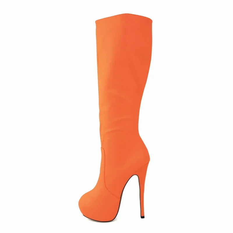 LOSLANDIFEN/женские ботинки из матовой лакированной кожи с круглым носком на высоком каблуке; сезон осень-зима; флисовые растягивающиеся сапоги до середины икры с широкими штанинами - Цвет: 8196YG orange