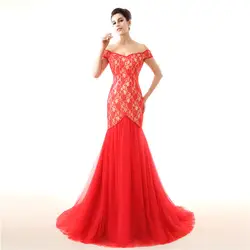 Новое красное платье для выпускного вечера с открытыми плечами спинки Тюль Кружево Длинные официальная вечеринка