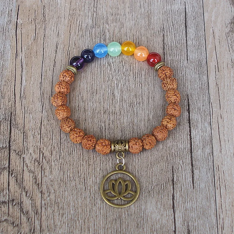 

Rudraksha Wood Beads Mala Chakra Bracelet Tibetan Buddhism Seven Chakra Charm Strand Bracelet for Women Men