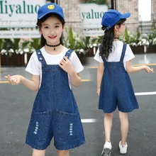 Детские летние джинсовые шорты для маленьких девочек; комбинезон+ футболка; Одежда для девочек; детские ковбойские комбинезоны в Корейском стиле; Новинка