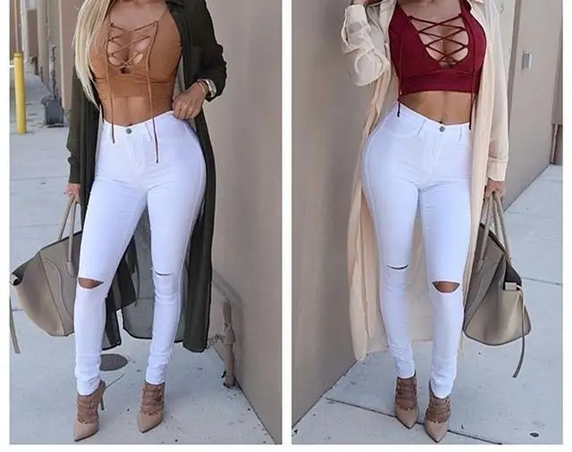 

New Arrivals Skinny Holes Pants High Waisted Little Stretch Long Pants Women Trousers Black White Plus Size Pants