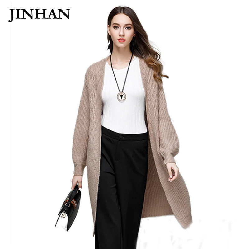 JINHAN Fashion Long Cardigan Swearters Winter Open Stitch Lantern Sleeve Knitwear Cardigans 