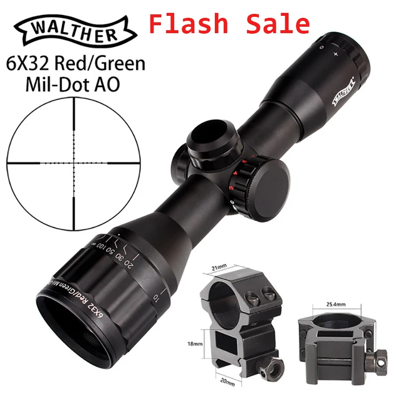 Новый WALTHER 6x32 AO мини Mil-Dot двойной цвет с подсветкой сетка охотничий прицел