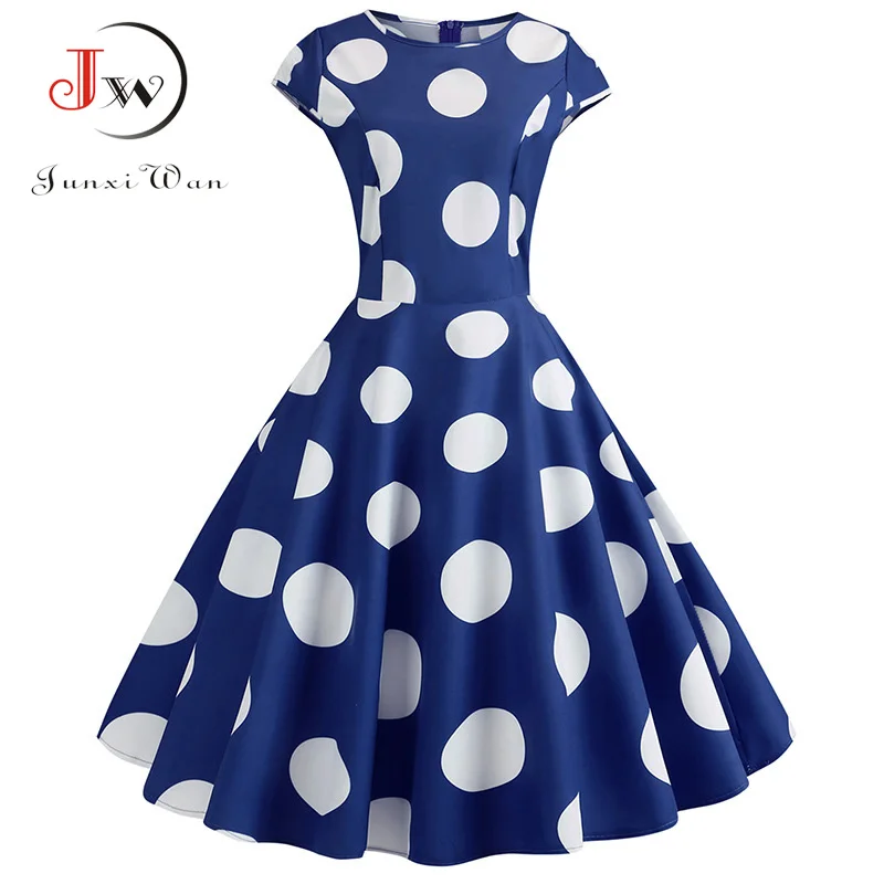 

2019 Women Summer Dress Polka Dot Print Vintage Dress Tunic Slim Midi Party Dress Vestidos Plus Size Beach Sundress
