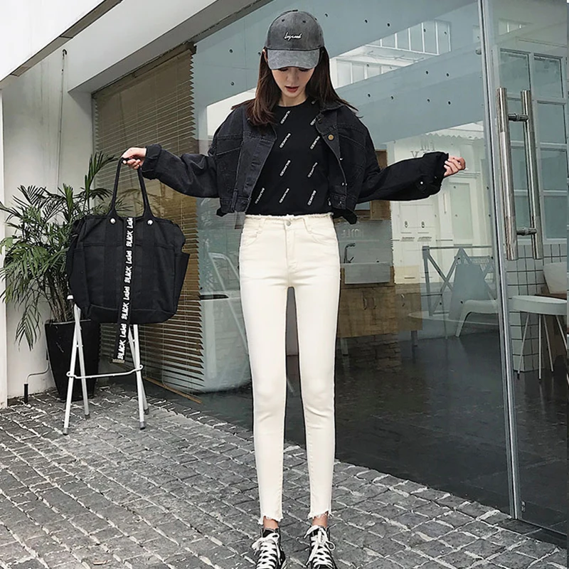 

17zq New Style Spring 2019 Fashionable Temperament Beige White Jeans Women Korean Version High Waist Slim Ankle-Length Pants