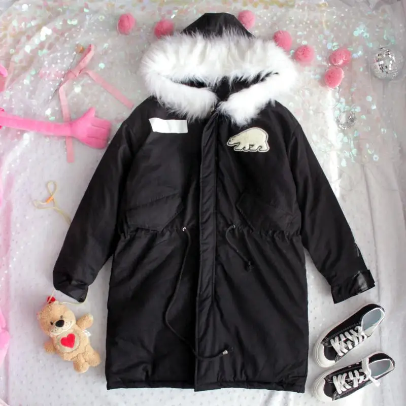 De Long Chaud Ciel Femelle 2017 D'hiver Nouveau rose Noir Parkas Outwear Femmes pu Vestes Blanc Broderie Design Ours Épais Patch Col Fourrure Noir Polaire wpEpq0ZX