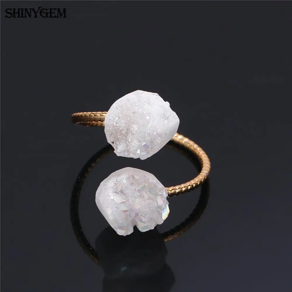 ShinyGem,, Винтажное кольцо с золотым покрытием, необычное двойное кольцо с друзами, кольца с регулируемым натуральным камнем для женщин, 5 шт./лот