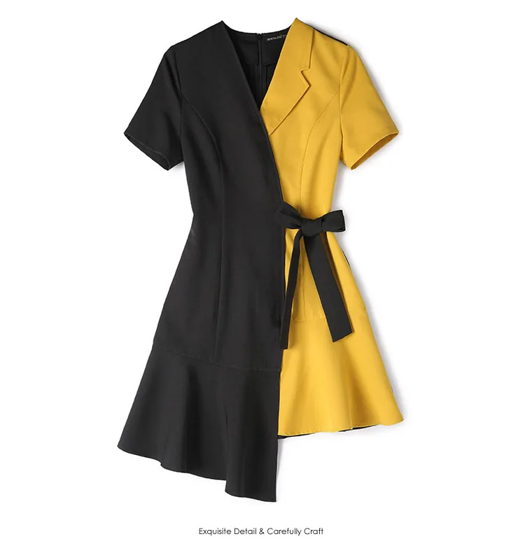 

Fashion Women Summer Dress 2019 New Black Yellow Patchwork Short Sleeve Asymmetrical casual office Party Dresses