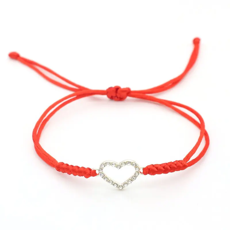 

Cute Bear Inlay Crystal Silver Color Heart Bracelet Adjustable Braided Lucky Red Rope String Bracelets For Women Friend Gift