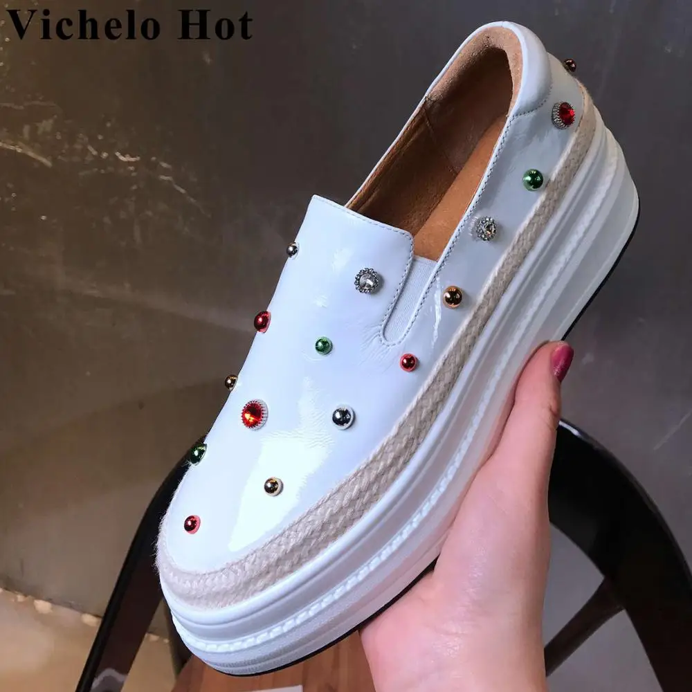 

Vichelo Hot new arrival slip on loafers med bottom flat platform round toe colorful crystals decoration vulcanized shoes L18